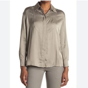Reiss Rocco satin button up‎ shirt blouse Size 10 neutral khaki tan